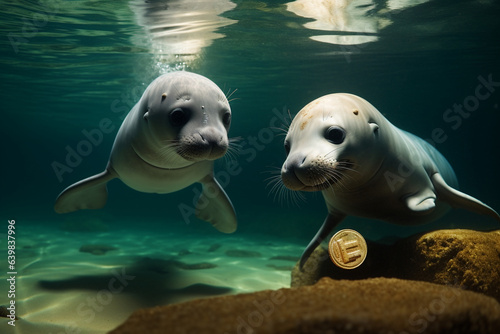 A playful dolphin and a curious seal exploring an underwater treasure trove, love   © Лариса Лазебная