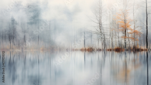watercolor autumn gray forest with reflection in water, calm background landscape soft color