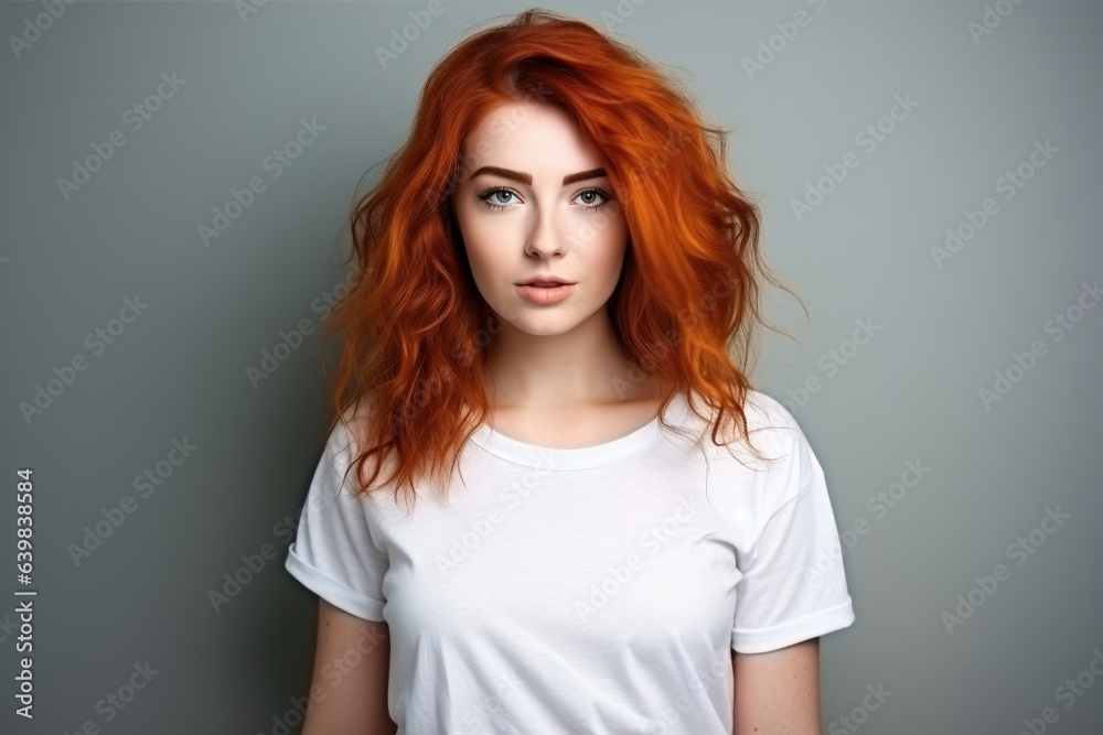female with red hair wearing white tshirt for mock up neutral background female with red hair wearing white tshirt for mock up neutral background