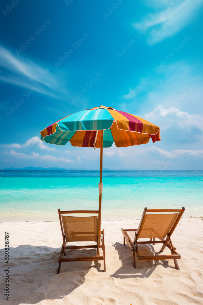 Holiday background: Sun loungers with umbrella on the beach with ocean view Holiday background: Sun loungers with umbrella on the beach with ocean view