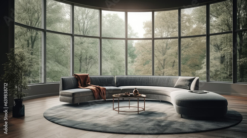 Curved gray sofa and armchair against of floor to ceiling window. Minimalist interior design of modern living room with round coffee table on grey rug.