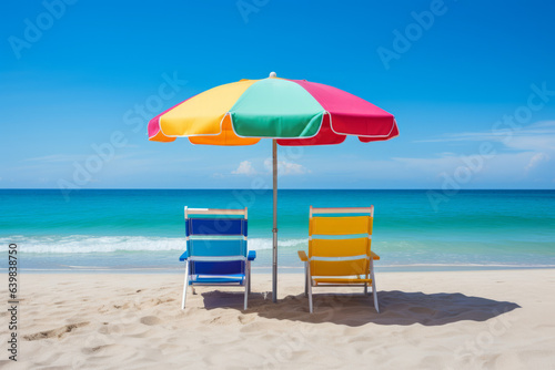 Holiday background  Sun loungers with umbrella on the beach with ocean view