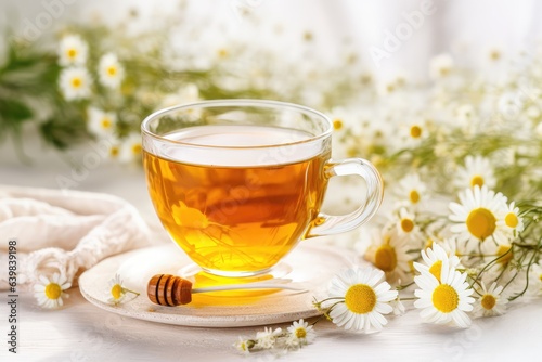 Chamomile herbal tea with flower buds honey and lemon