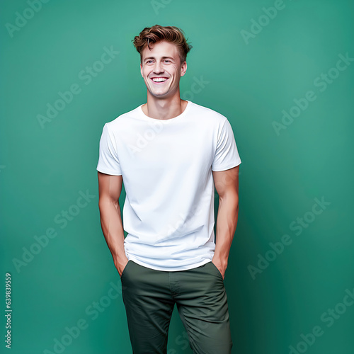 man smiling joyful hands in pocket t shirt mockup isolated on green background