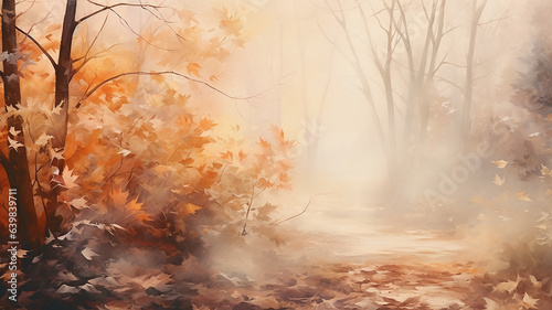 autumn blurred background  morning forest in a sunny fog yellow fall leaves  drawing layer painting