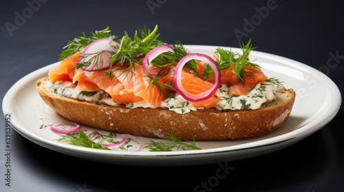 Smorrebrod is an open-faced sandwich with smoked salmon, dill, and pickled onions, set against a clean white background. Modern Nordic design.