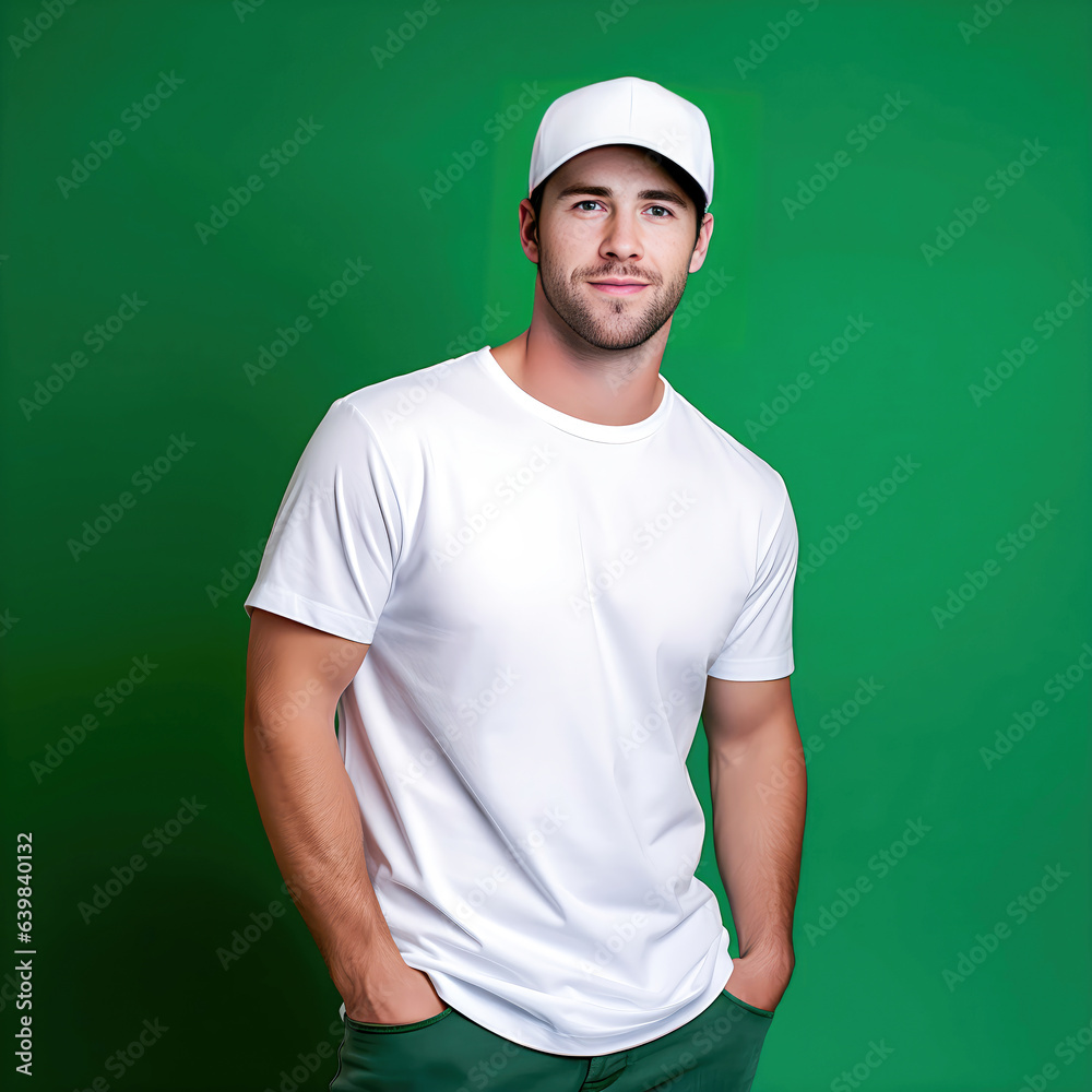 a man wearing a white shirt and a green pant with cap isolated in green background a man wearing a white shirt and a green pant with cap isolated in green background