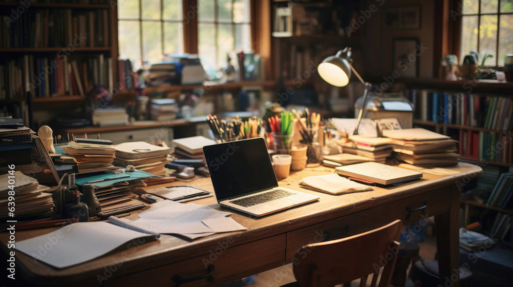 Cluttered and crowded workspace with computer and books on a desk. Generative AI. Cluttered and crowded workspace with computer and books on a desk. Generative AI.