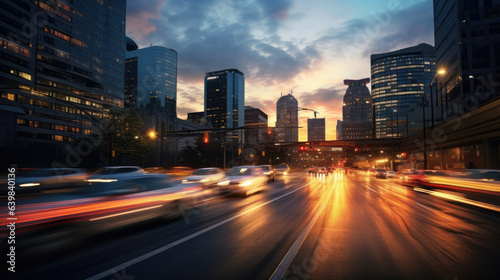 Motion blurred car light trails on crowded city streets at night time. Generative AI.