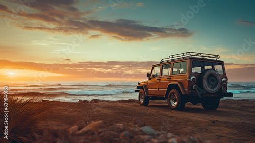 Vintage SUV 4x4 vehicle parking on the coastline at sunset. Generative AI.