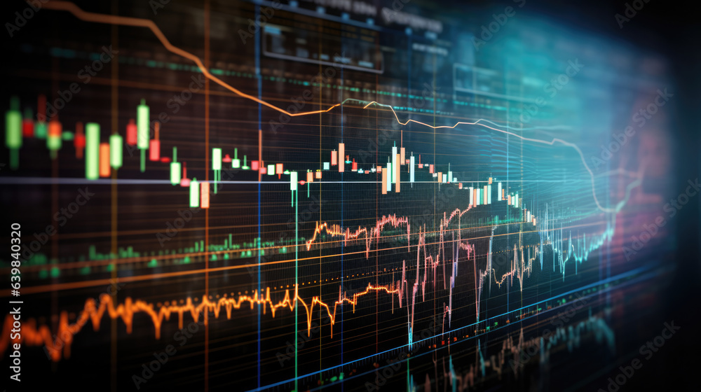 Finance and economy displays in a workstation. Generative AI. 