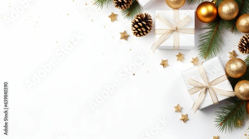 Merry Christmas and Happy New Year with branches, bauble balls, pine, gift and star glitter on white background. Flat lay, top view and copyspace © Weeraya