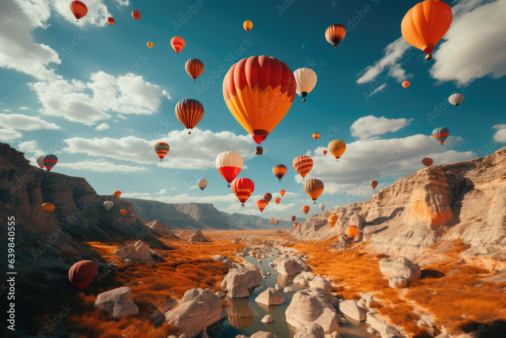Obraz premium Vibrant Balloons Paint a Colorful Sky on a Sunny Dayy like Joyous Celebration of Life and Light. Generative AI.