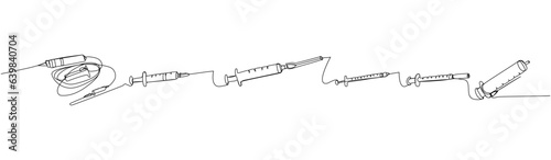 Syringe set. Catheterization kit, needle, catheter, injection, Surgical Item, medical supplies, equipment one line art. Continuous line drawing of medication, disposable, tool, anesthesia, surgery