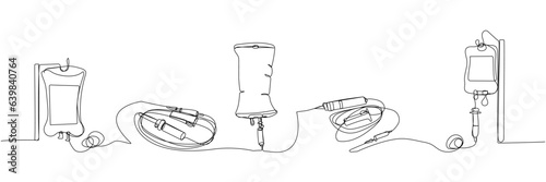 Medical Dropper set. Drop counter, Saline Bottle, catheter, syringe, injection, medical supplies, equipment one line art. Continuous line drawing of medication, disposable, tool, anesthesia, surgery