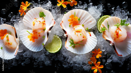 Raw fresh scallops on ice cubes. Seafood background. Generative AI