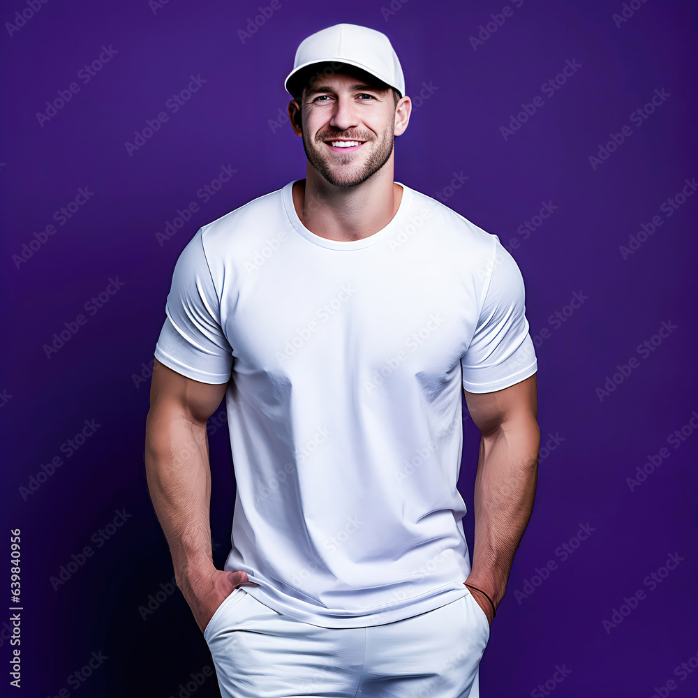 a man with good physique wearing white t shirt isolated in purple background a man with good physique wearing white t shirt isolated in purple background