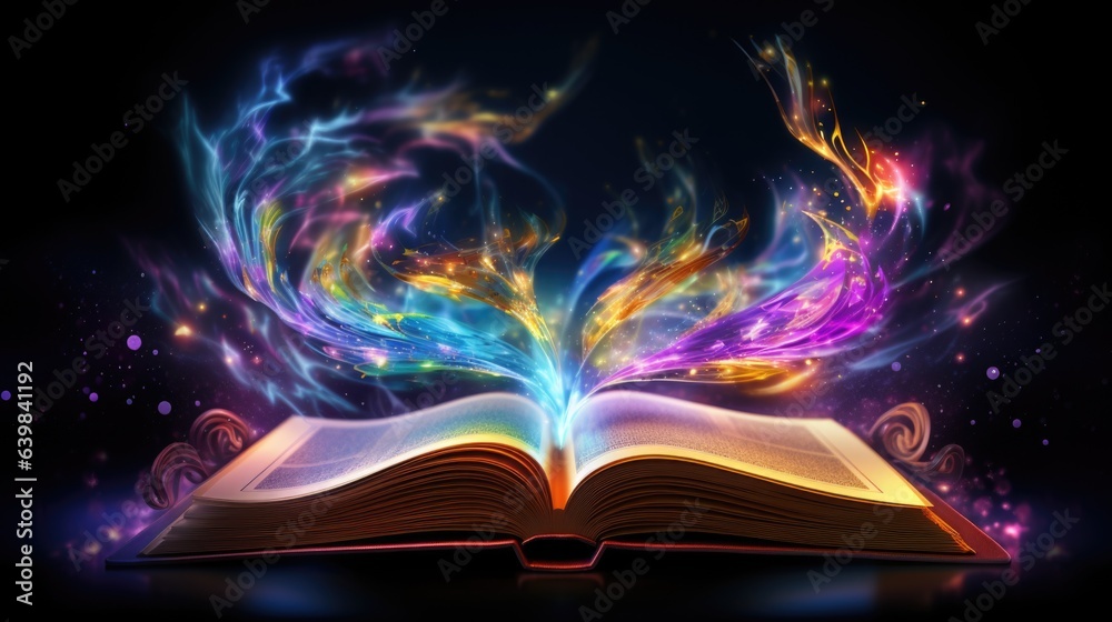 Magic knowledge book with music and magic. Open book colorful - obrazy, fototapety, plakaty 