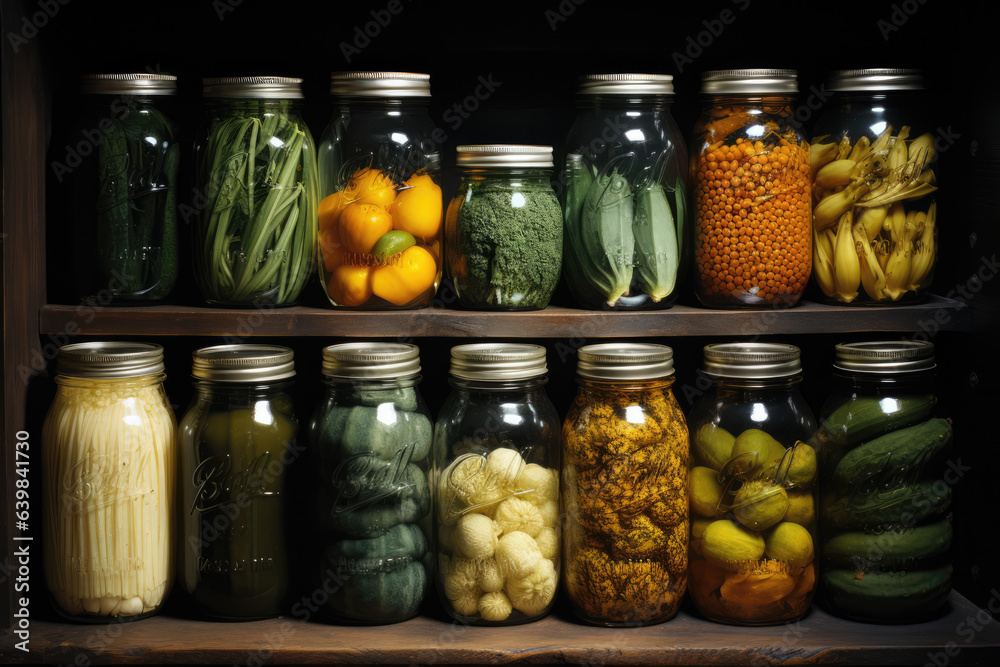 Jars neatly arranged in the kitchen pantry, filled with assorted legumes, foods, and pickles, creating an organized and vibrant culinary display. Generative AI Jars neatly arranged in the kitchen pantry, filled with assorted legumes, foods, and pickles, creating an organized and vibrant culinary display. Generative AI