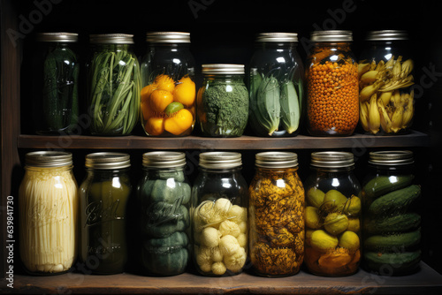 Jars neatly arranged in the kitchen pantry, filled with assorted legumes, foods, and pickles, creating an organized and vibrant culinary display. Generative AI