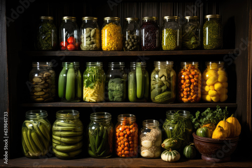 Jars neatly arranged in the kitchen pantry, filled with assorted legumes, foods, and pickles, creating an organized and vibrant culinary display. Generative AI