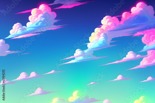 Anime cartoon neon game background, app gaming background sky with clouds and bright cyberpunk colours