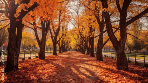 Autumn forest path. Orange color tree  red brown maple leaves in fall city park. Generative Ai