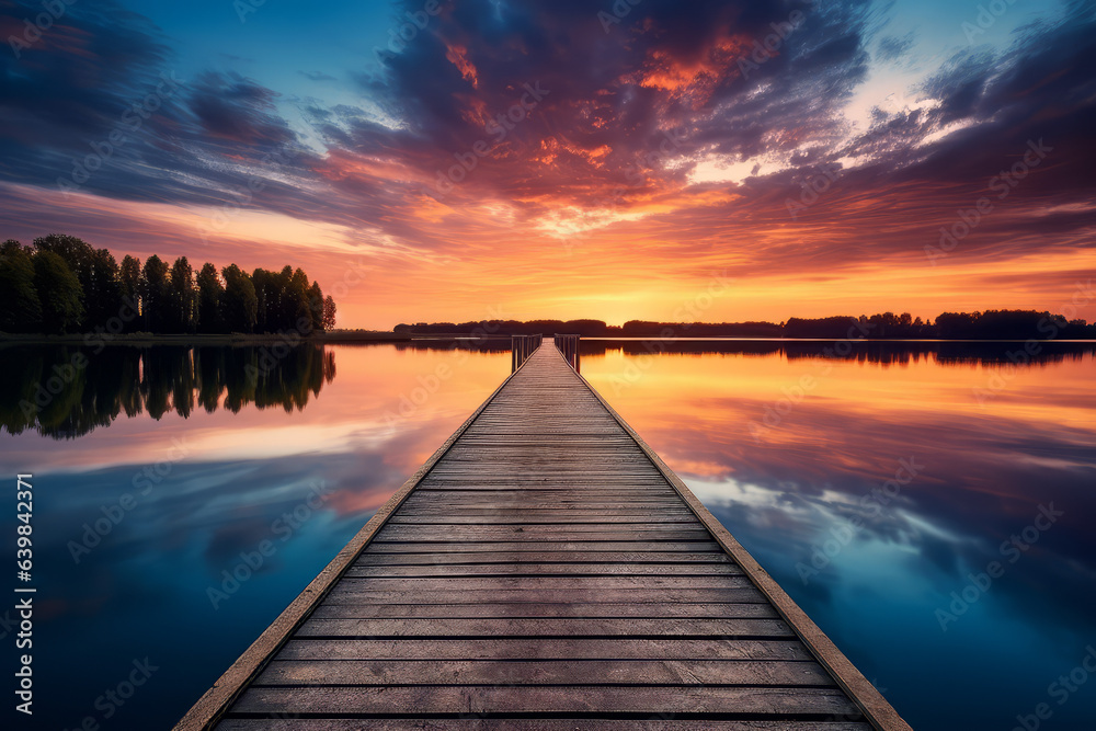Relaxing moment: Wooden pier on a lake with an amazing sunset