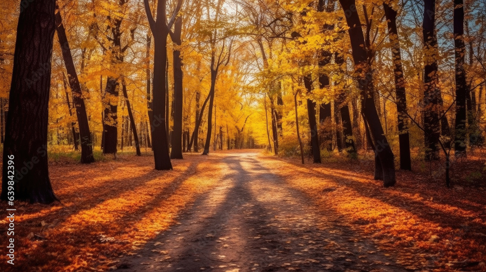 Fototapeta premium Autumn forest scenery with road of fall leaves & warm light illumining the gold foliage. Footpath in scene autumn forest nature. Generative Ai