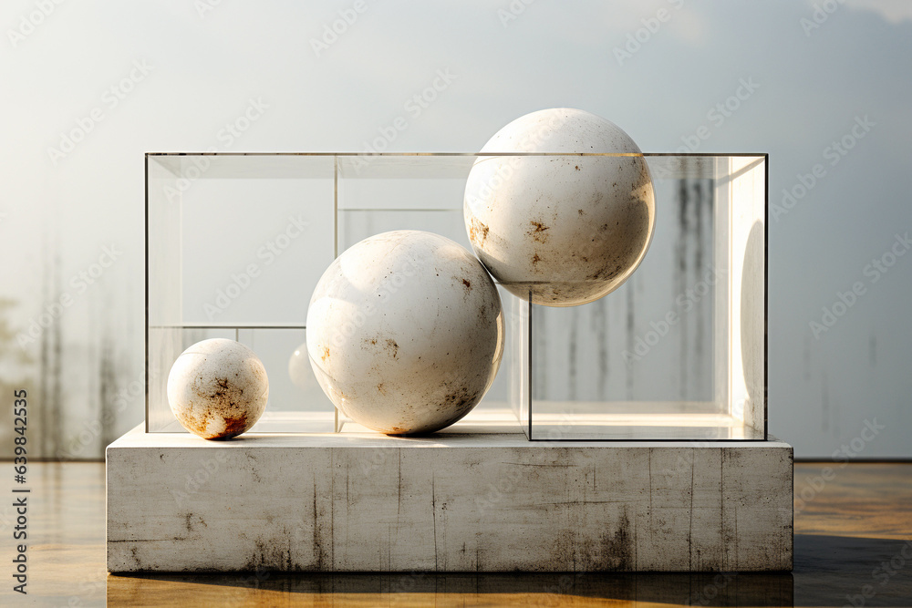 abstract sculpture of spheres and cubes made out of glass and marble and concrete - obrazy, fototapety, plakaty 