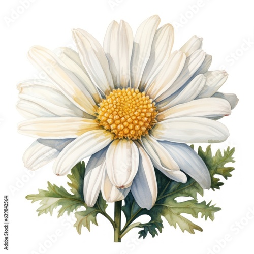 A delicate watercolor botanical illustration of a chamomile flower, showcasing its white petals and golden center