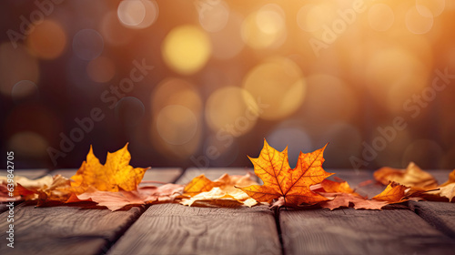 Autumn maple leaves on wooden table for fall blurred background. Generative Ai