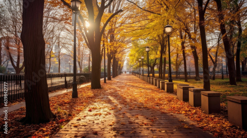 Autumn  Pathway in beautiful autumn city background. Generative Ai
