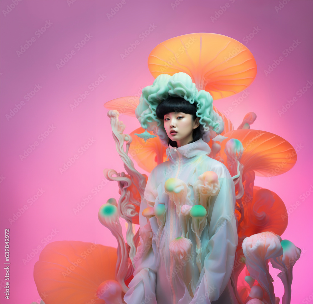 Fototapeta premium Fashionable Asian teenage woman wearing fantasy outfit surrounded by mushroom shapes. Colorful far east background. Ai generated image