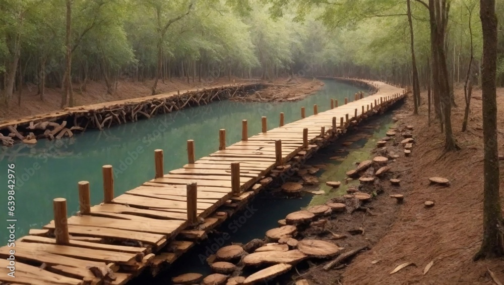 A wooden bridge in the canal in the forest