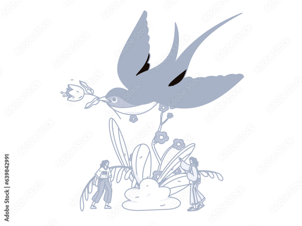 Fototapeta premium 24 solar terms, beginning of spring, rain, stung, spring breeze, qingming, valley rain, flat character vector concept, operation, hand-painted illustration 