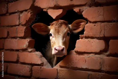 A funny Valentine's day card with a cute brown baby cow peeping through a heart shaped window hole in a pink wall with copy space
 photo