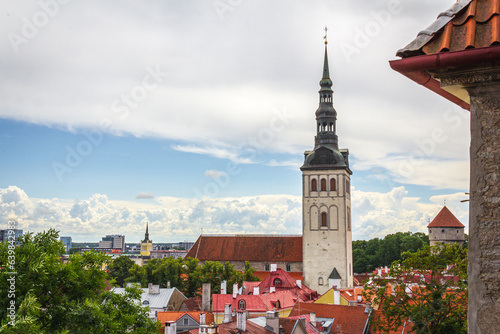 Roof top view and church spire in Tallinn Estonia in summer time