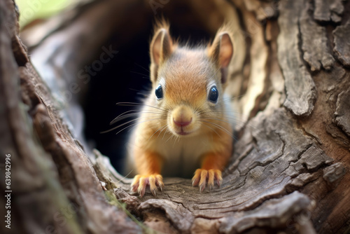 Close-up shot of a small cute squirrel happily playing in a summer garden. Background is dazzling with the sun shining in. Life suitable for pets and animals. © cwa