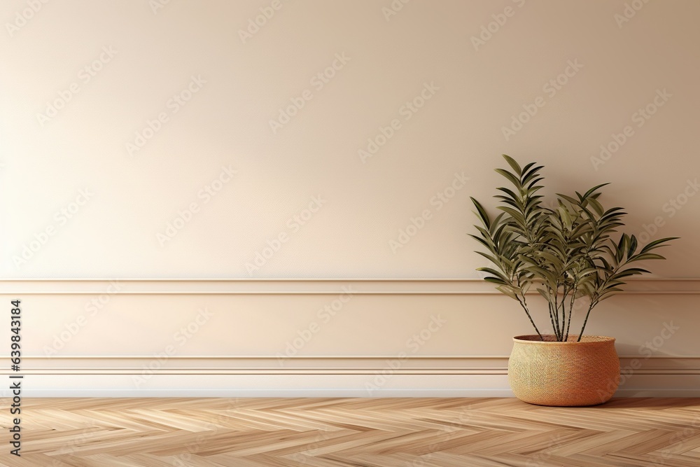 Blank beige brown wall in house with dry plant in wooden basket pot, baseboard on wooden parquet in sunlight for luxury interior design decoration generative AI