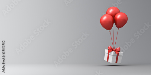 White present box with red ribbon bow or gift box with red balloons isolated on gray background with shadow and blank space 3D rendering