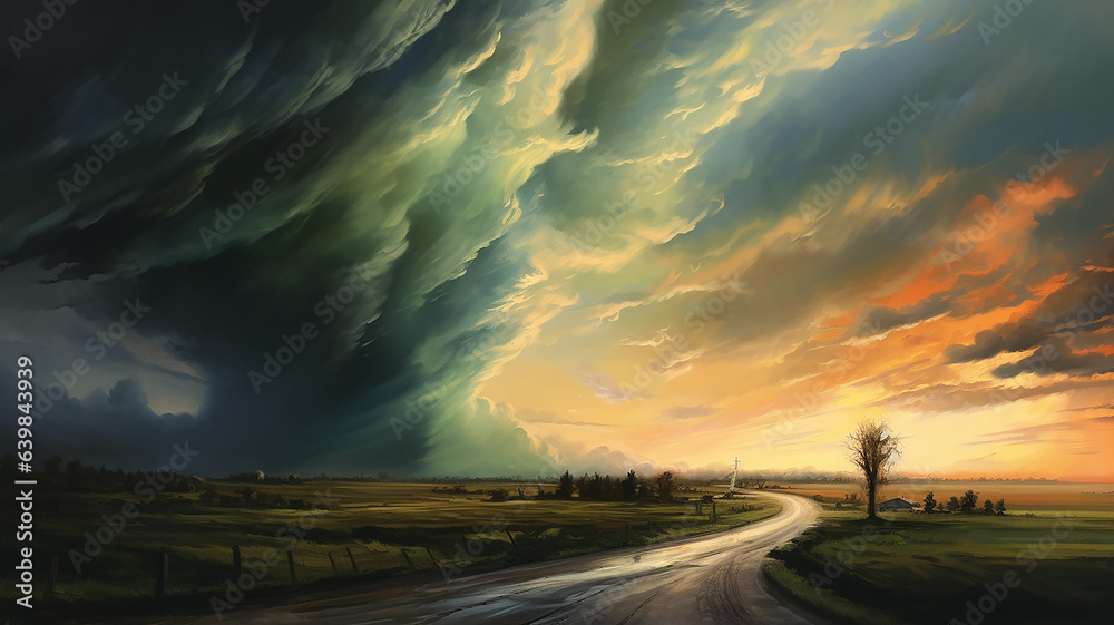 drawing of a tornado on the road in a field sunset colors.