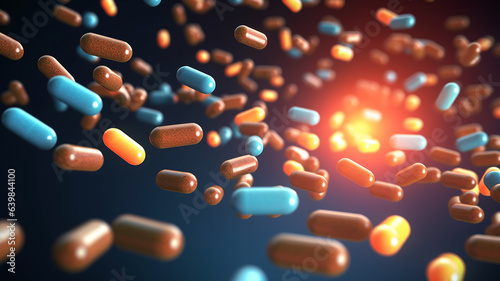 multicolored scattering of tablets capsules of antibiotics.