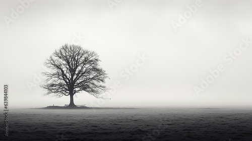a lonely tree in a field without leaves fog branches.