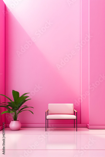 Pink room with chair and potted plant in it.