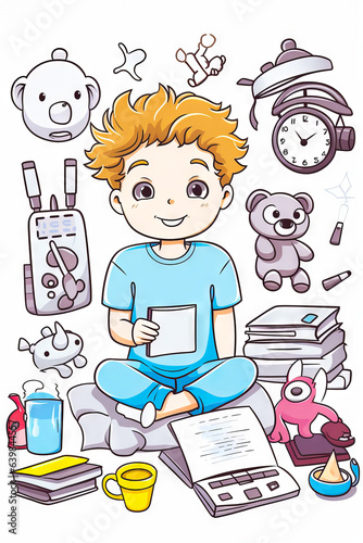 Boy sitting on pile of books with clipboard.