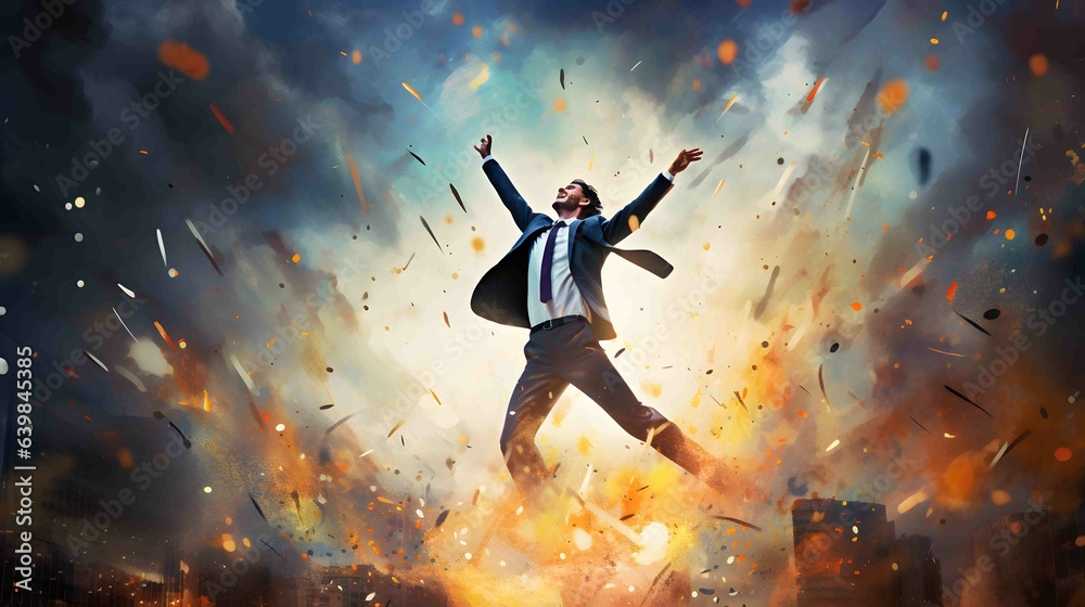 Businessman is shown excitedly raising a clenched fist. Happy middle-aged entrepreneur celebrating victory with raised hands. Concept of business achievement