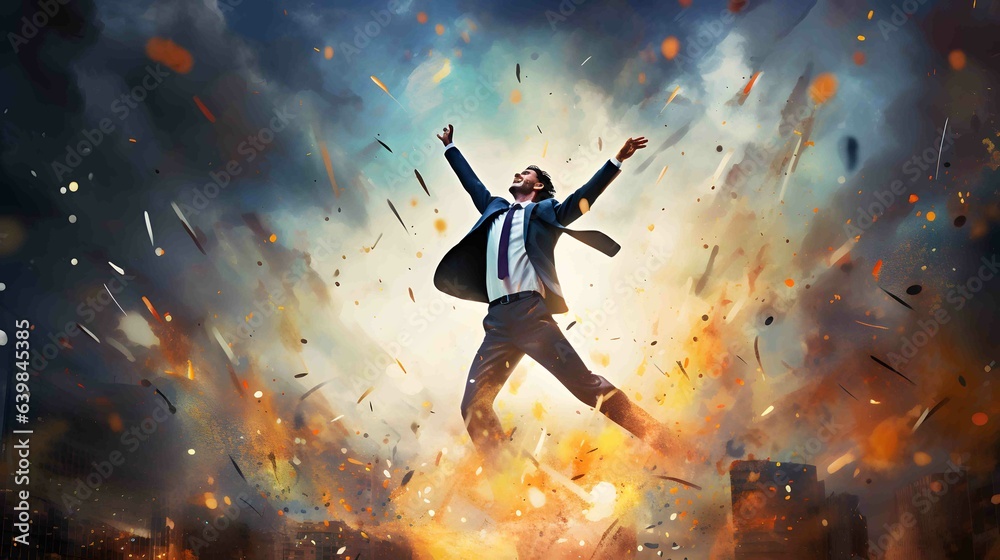 Naklejka premium Businessman is shown excitedly raising a clenched fist. Happy middle-aged entrepreneur celebrating victory with raised hands. Concept of business achievement