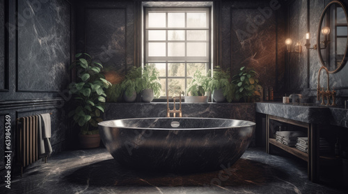 Dark gray marble bathroom interior with tub and sink.