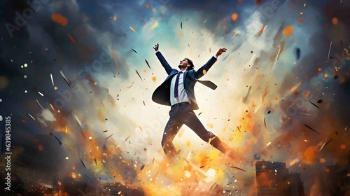 Businessman is shown excitedly raising a clenched fist. Happy middle-aged entrepreneur celebrating victory with raised hands. Concept of business achievement © Planetz